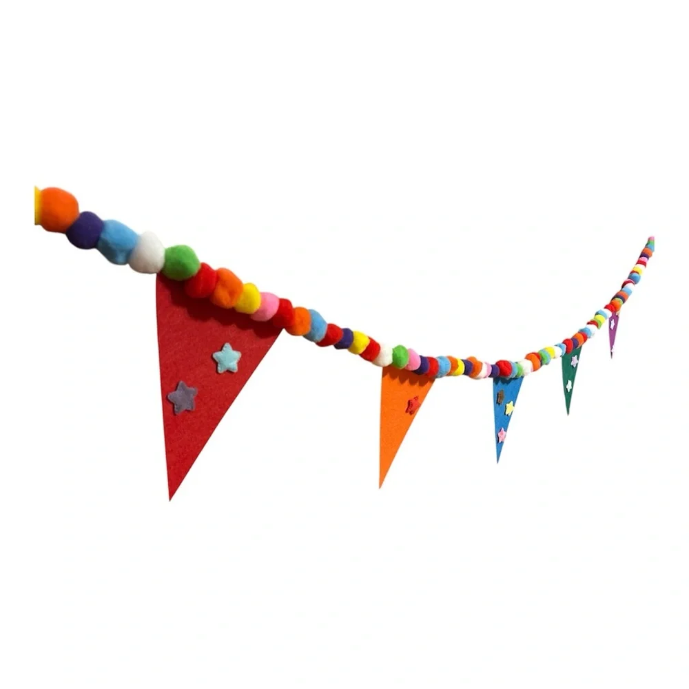 6 ft Birthday Flags Banners Stars Pom Pom Garland Handmade Clear Stretchy Line